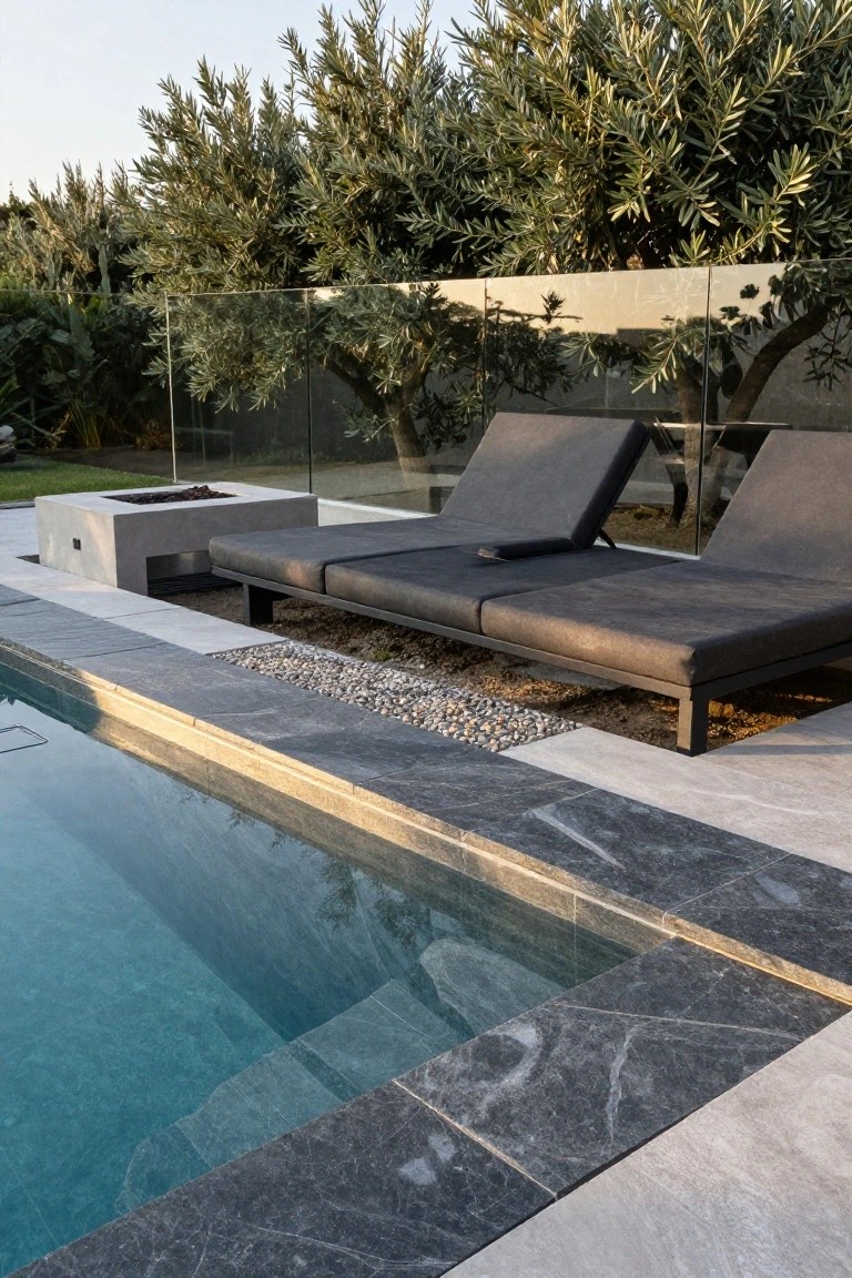 Pool edged with dark veined stone tiles, adjacent gray loungers and fire pit table on light decking with pebbles, glass fence, and olive trees beyond.