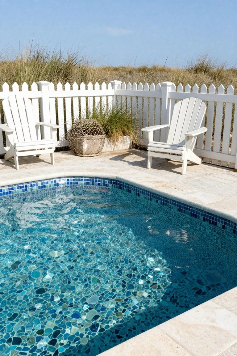 Small L-shaped outdoor pool with blue glass mosaic tiles, two white Adirondack chairs on tiled decking, white picket fence, beach grass, and wicker basket planter nearby.