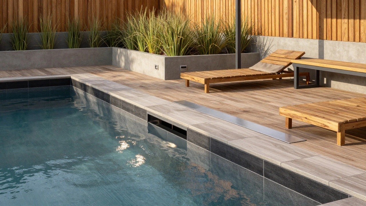 Close-up of a swimming pool edge lined with wood-grain porcelain tiles, adjacent wooden sun loungers and side table, potted ornamental grasses, and a timber fence.