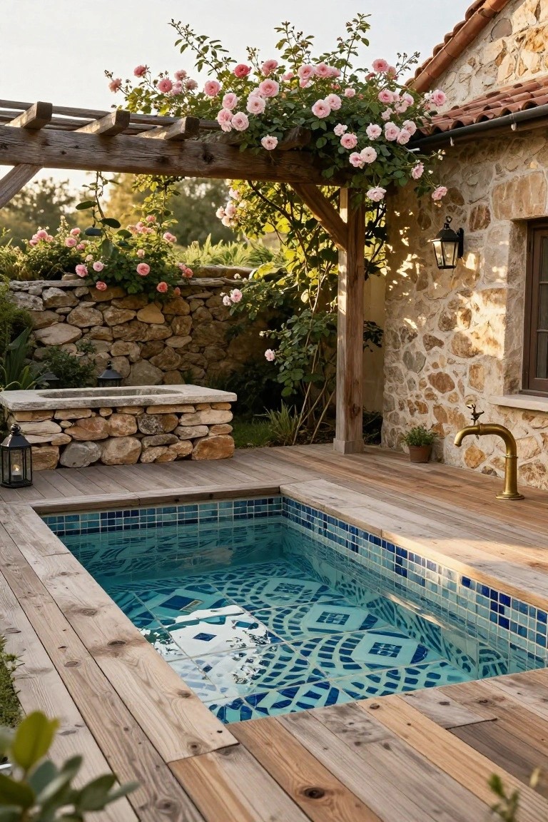 Small rectangular plunge pool with blue and white geometric mosaic tiles surrounded by wooden decking, pink climbing roses on a wooden pergola, stone walls, lanterns, and greenery against a stucco house wall.