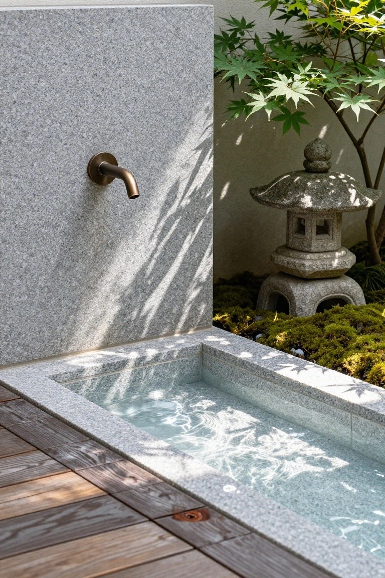 Rectangular granite-lined outdoor soaking tub filled with clear water, brass wall-mounted faucet, stone lantern in mossy garden bed with Japanese maple tree, against granite wall on wooden deck.