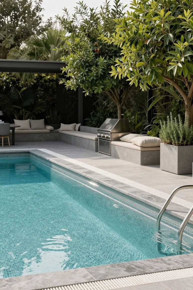 Outdoor pool with turquoise mosaic tiles and light gray porcelain deck tiles edged in white, featuring built-in concrete bench seating with beige cushions next to a stainless steel BBQ grill, potted rosemary plants, and surrounding greenery.