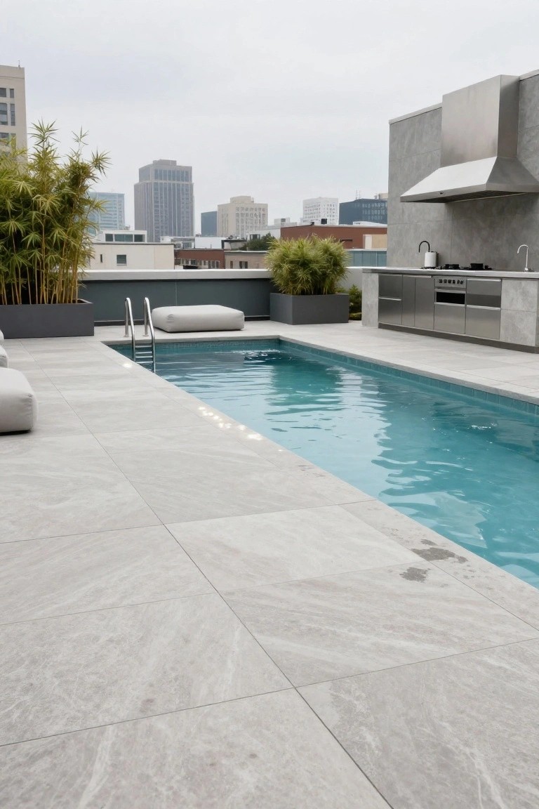 Rooftop pool deck paved in light gray large-format porcelain tiles next to a turquoise lap pool, with stainless steel outdoor kitchen, bamboo planters, white lounge cushions, and city buildings in the background.
