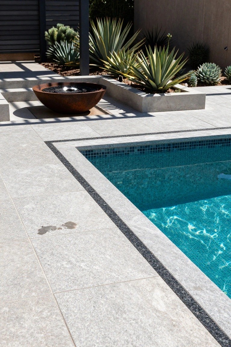 Light grey porcelain tiles form the deck around a small turquoise mosaic-tiled infinity pool with black pebble coping, a rusted metal fire bowl sits nearby amid succulent plantings in concrete planters under a pergola.