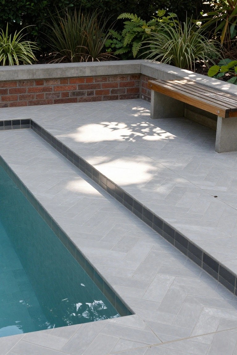 Rectangular turquoise pool with surrounding light gray herringbone-patterned tiles, black tile edging, wooden bench on concrete base, brick and concrete walls, and tropical plants nearby.