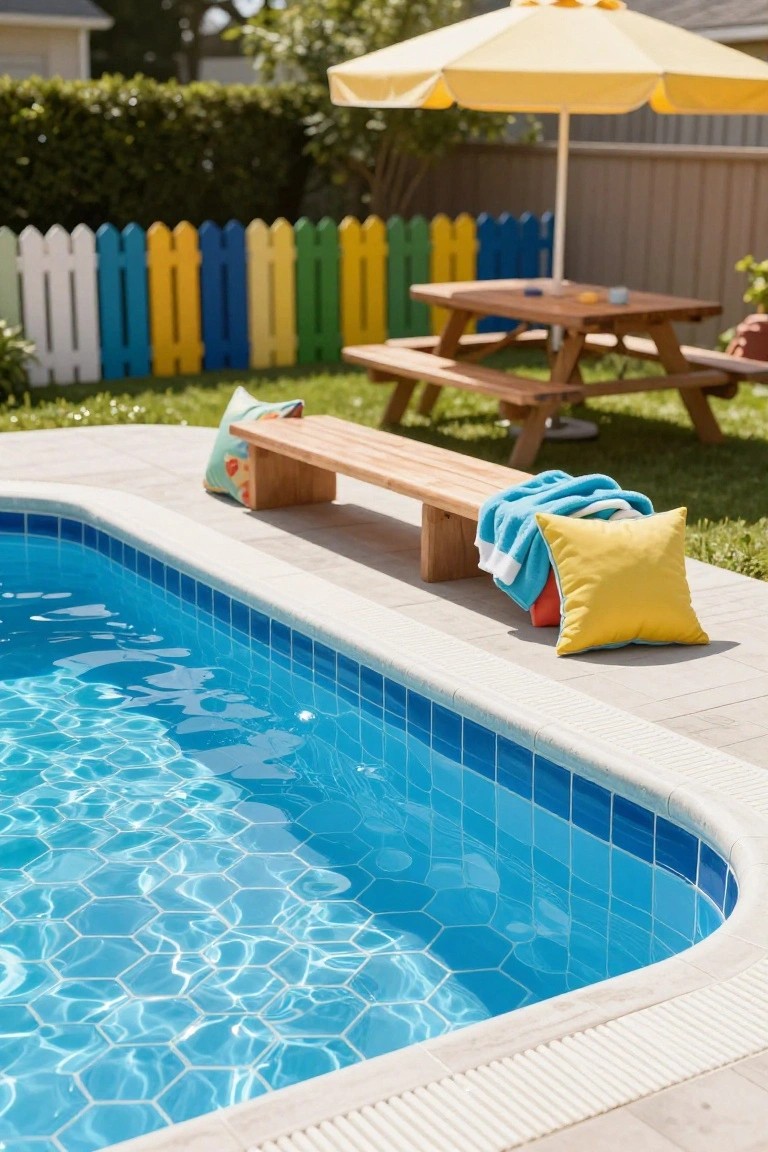 Backyard swimming pool with blue hexagonal tiles, wooden bench draped with towels and pillows on the pool deck, colorful picket fence, picnic table with chairs, potted plants, and yellow umbrella nearby.