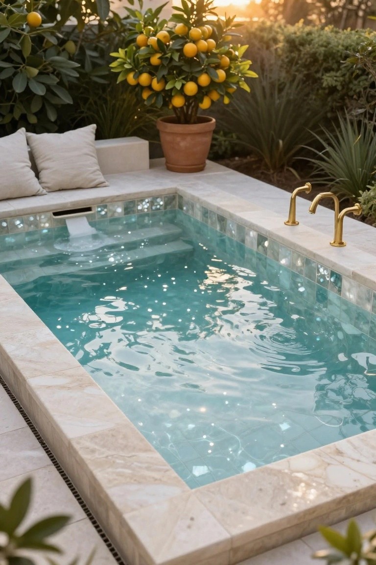 Small rectangular outdoor pool lined with iridescent blue-green mosaic tiles and surrounded by beige stone coping, with gold faucets, pillows on a bench, potted lemon tree, and agave plants nearby at sunset.
