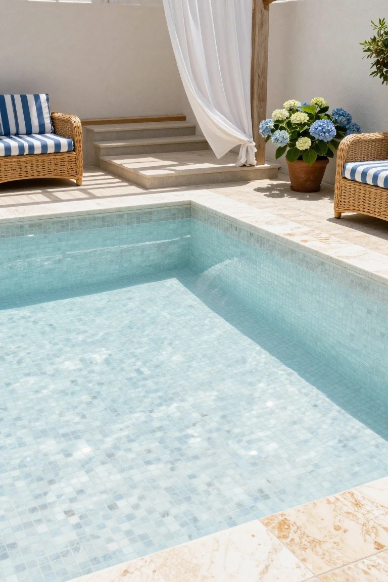 Corner view of an outdoor pool with pale blue mosaic tiles, beige stone decking, two rattan chairs with blue striped cushions, potted hydrangeas, and a white sheer curtain on a wooden post.