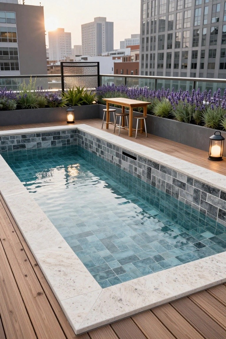 Small rectangular rooftop pool with dark gray slate-like mosaic tiles, white stone edging on wooden deck, nearby potted plants, wooden bench, bar stools, lanterns, and city buildings at sunset.
