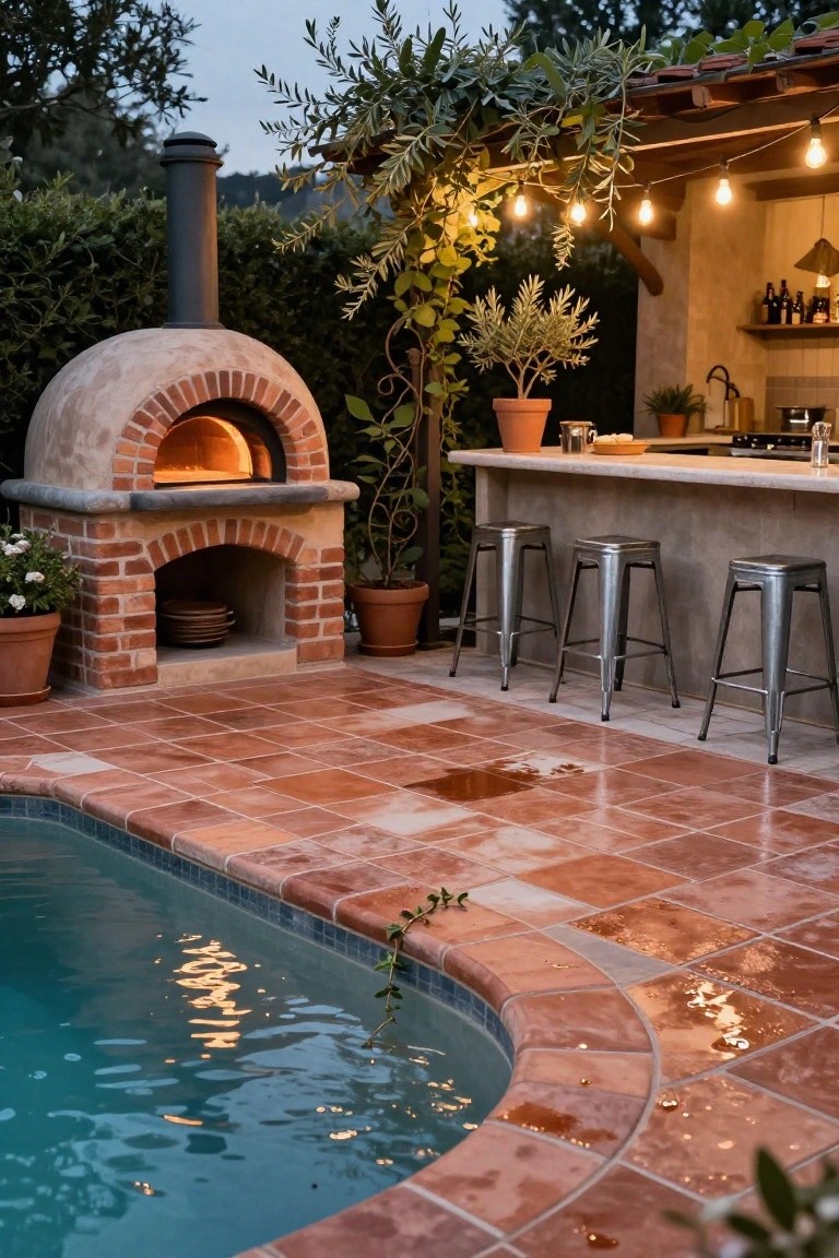 Curved turquoise pool with terracotta tiled deck, adjacent outdoor bar with metal stools, wood-fired brick pizza oven, potted plants, olive trees, and string lights overhead.
