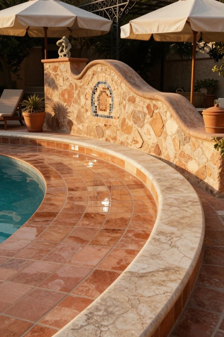 Curved edge of a turquoise swimming pool with orange terracotta tiles, white marble capping, adjacent stone wall featuring mosaic tiles, potted plants, loungers, and beige umbrellas in a garden setting.