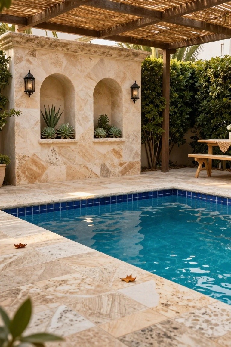 Rectangular pool with blue mosaic tiles surrounded by light beige travertine pavers, a thatched pergola overhead, stone wall niches with succulents, lanterns, greenery, and a wooden picnic table.