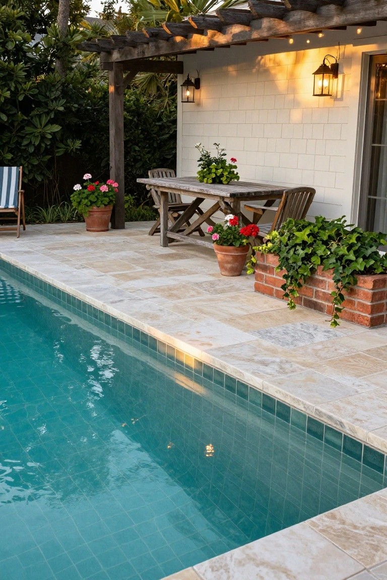 Poolside patio with light beige travertine deck tiles along the turquoise-tiled pool edge, wooden dining table with chairs, potted plants, ivy in brick planters, pergola overhead, and white shiplap house wall.