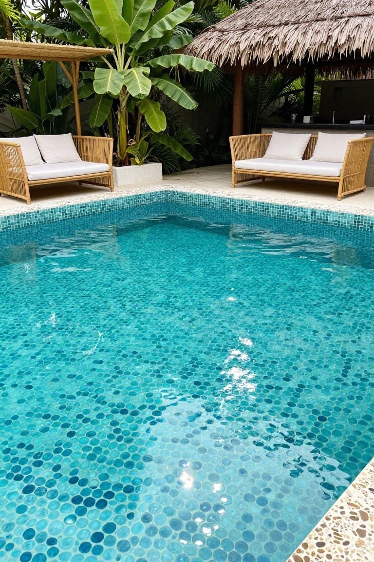 A rectangular pool lined with round turquoise glass mosaic tiles, edged in pebbles, with rattan lounge chairs, tropical plants, and a thatched outdoor bar nearby.