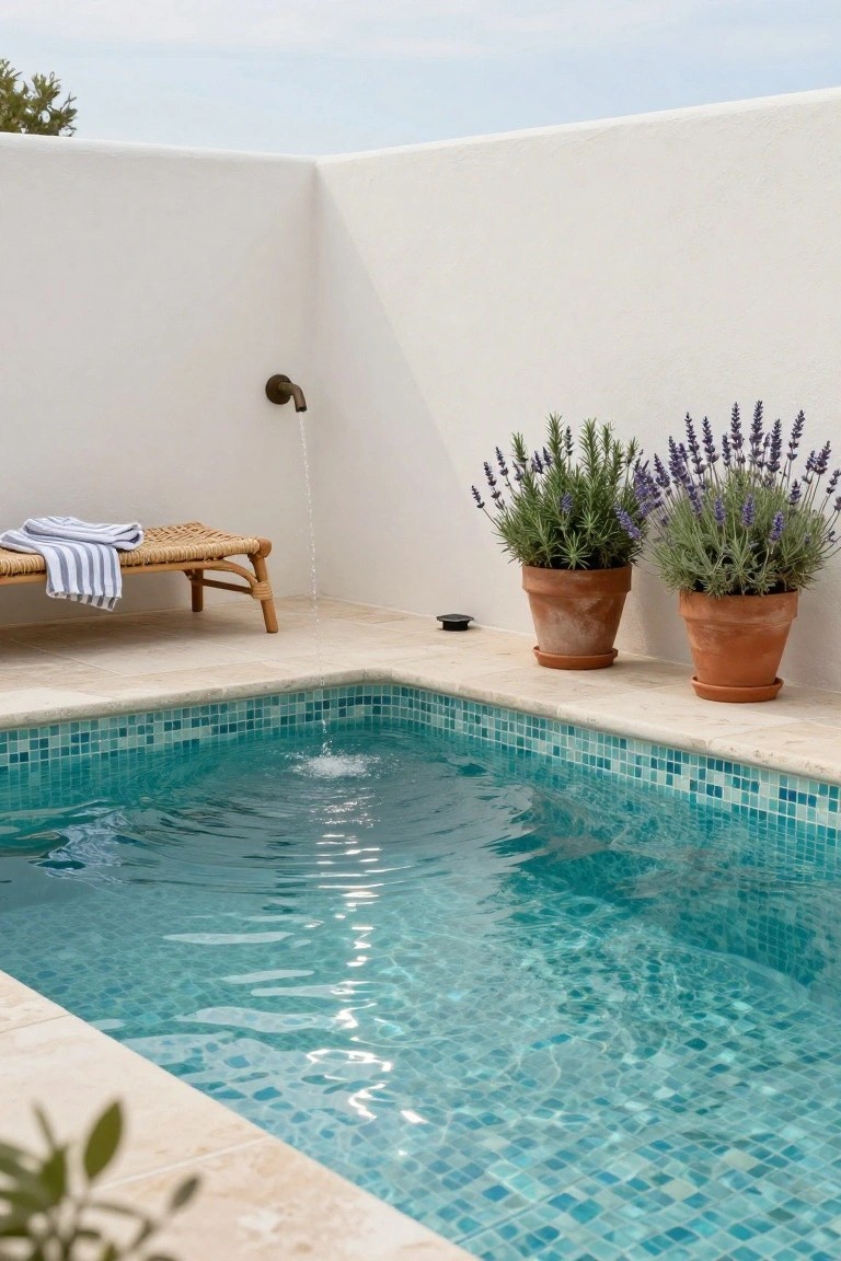 Small rectangular outdoor pool lined with turquoise mosaic tiles, adjacent to white stucco walls, terracotta pots of lavender plants, rattan lounger with towels, and wall-mounted outdoor shower.