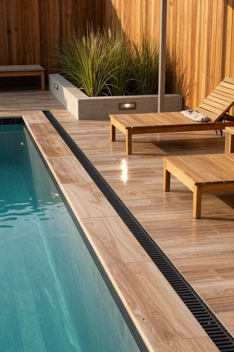 Close-up of a swimming pool edge lined with wood-grain porcelain tiles, adjacent wooden sun loungers and side table, potted ornamental grasses, and a timber fence.
