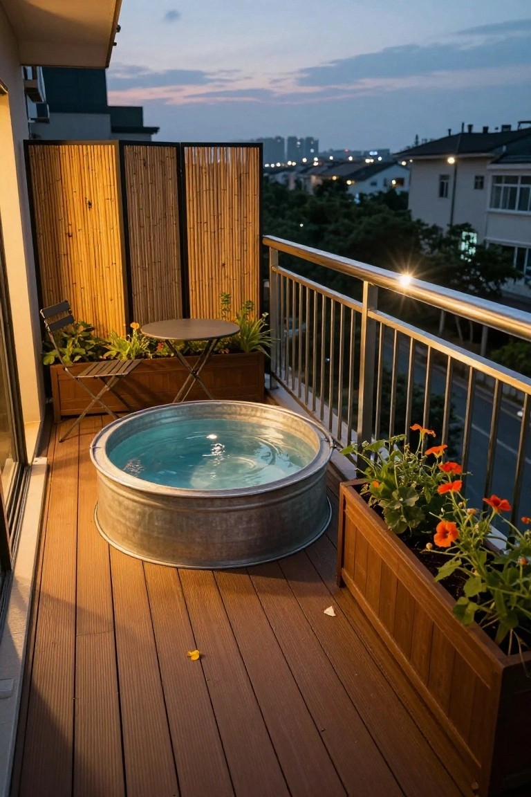 Galvanized stock tank pool on a wooden balcony with bamboo privacy screens, potted plants, a small table, and folding chairs, viewed at dusk with city buildings in the background.