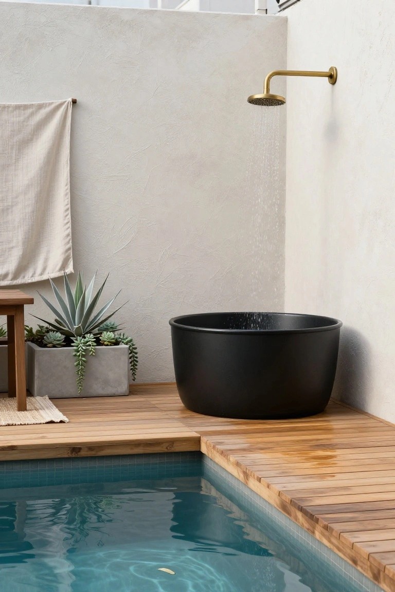 Black round stock tank pool on wooden deck next to brass rain shower on white wall, with agave plants in concrete pot, towel on wall, and small turquoise tiled pool adjacent.