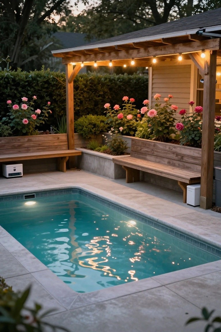 Small rectangular in-ground pool with glowing turquoise water and underwater lights, surrounded by concrete decking, flanked by wooden benches on raised planters with pink roses and greenery, under a wooden pergola strung with warm bulb lights, adjacent to a beige house and hedges.