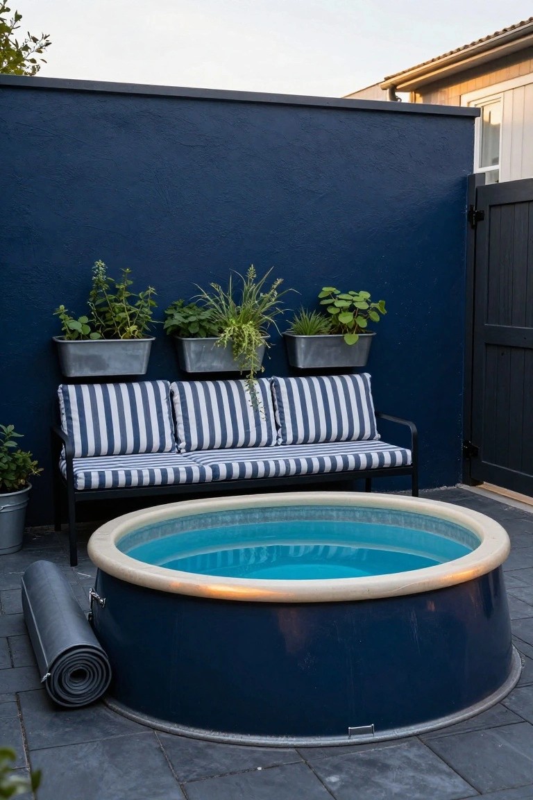 Blue round stock tank pool on a gray stone patio next to a black metal bench with white and navy striped cushions, metal planters with greenery on a navy wall, and a gray yoga mat rolled up nearby.