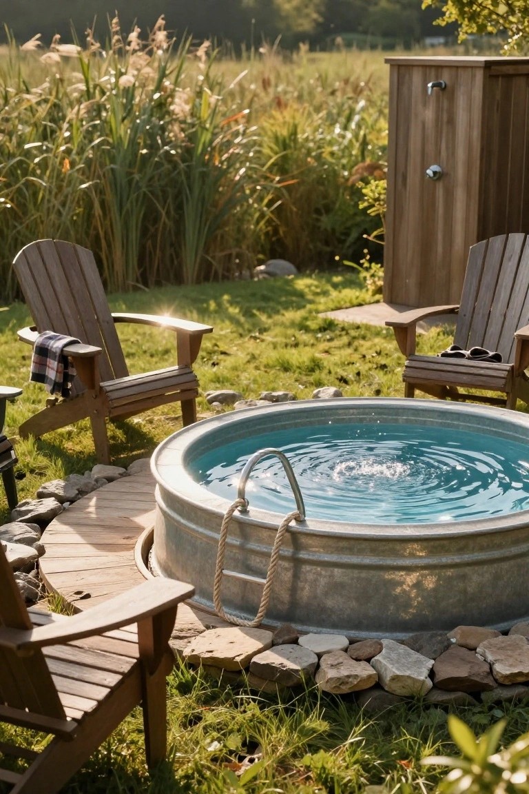 Round galvanized stock tank pool with turquoise water and rope ladder, surrounded by wooden Adirondack chairs on a deck with stone edging in a grassy backyard near reeds.