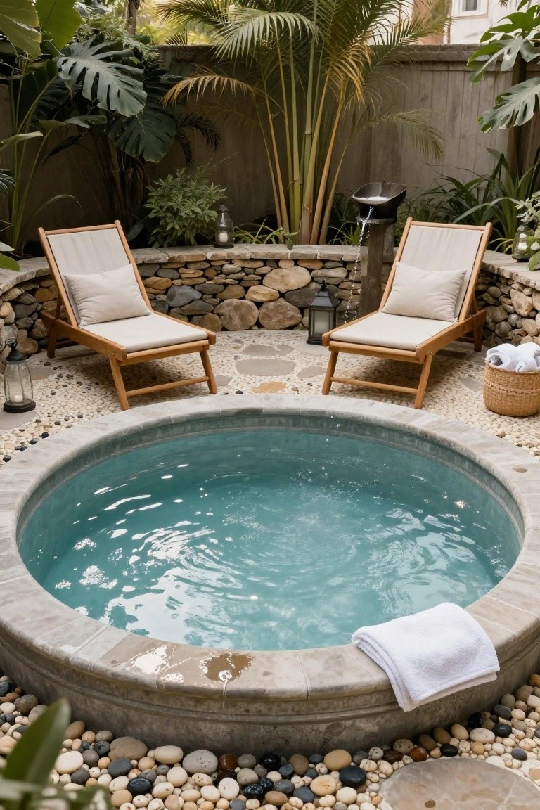 Round stone hot tub filled with light blue water in a tropical outdoor garden patio surrounded by plants and pebble ground cover, with two wooden lounge chairs with beige cushions positioned on either side, towels on the chairs and tub edge, lanterns nearby, and a water feature in the background.