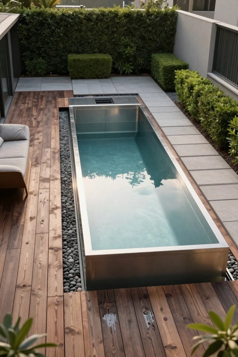Aerial view of a narrow rectangular stainless steel pool embedded flush in a wooden deck, edged with pebbles, surrounded by pavers, boxwood hedges, and a gray outdoor sofa in a modern backyard patio.