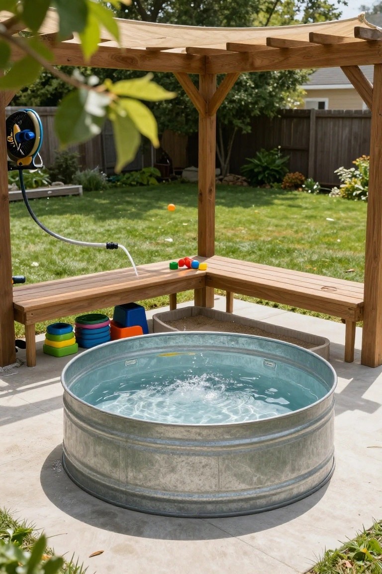 Galvanized stock tank pool filled with water under a wooden pergola with L-shaped benches in a backyard patio area surrounded by toys and a garden hose.