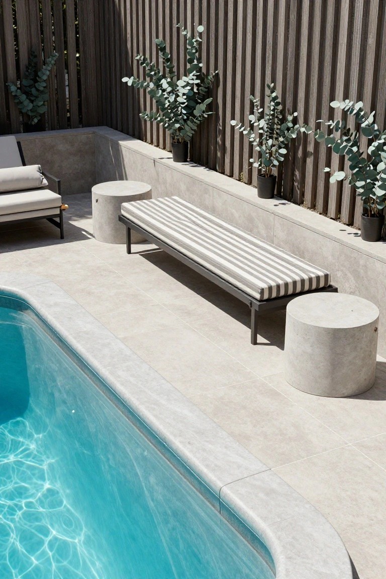 Poolside area with two gray concrete stools flanking a black metal bench topped with beige and white striped cushion, a lounge chair nearby, potted eucalyptus plants against a dark wood slat fence, and a turquoise pool with light gray tiled edge.