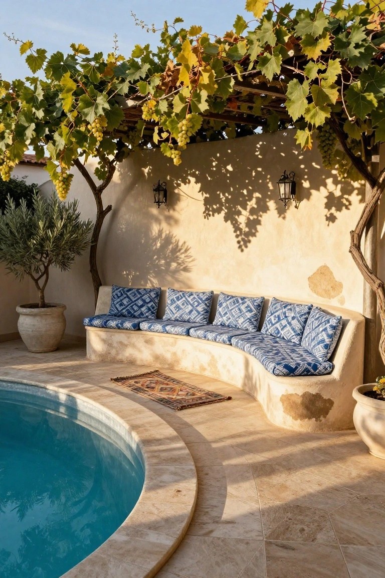 Curved built-in stucco bench with blue patterned cushions and pillows next to a round blue pool on travertine tiles, under grapevine-covered pergola with wall lanterns, olive tree in terracotta pot, and orange rug.