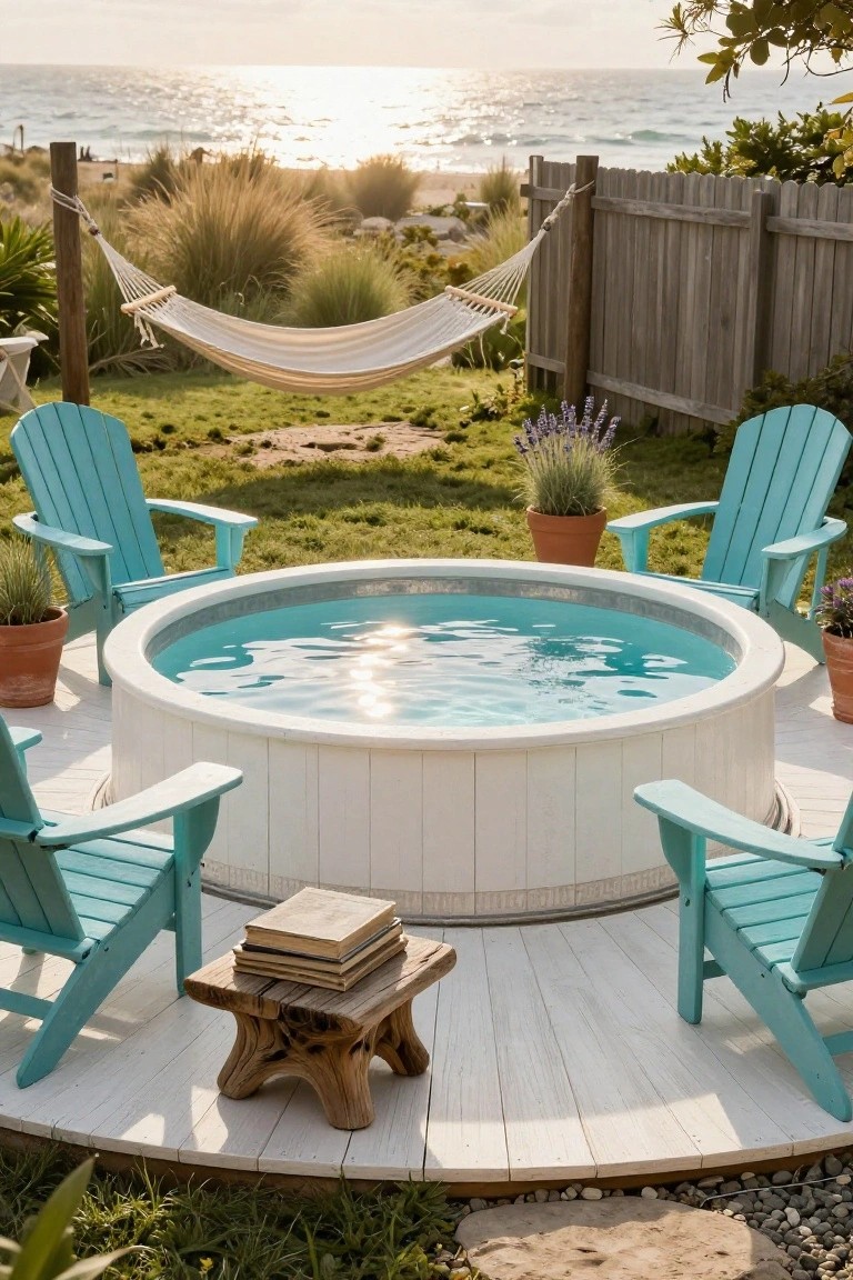 Round white stock tank pool filled with turquoise water on a light wooden deck, surrounded by turquoise Adirondack chairs, a wooden stool with books, potted plants, and a hammock nearby with beach dunes and ocean in the background.