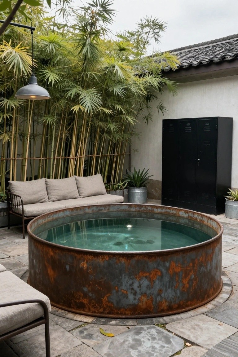 Round rusted metal stock tank pool in an outdoor courtyard with bamboo screens, gray linen sofa, metal lounge chair, pendant lamp, potted plants, and black metal lockers on stone pavers.