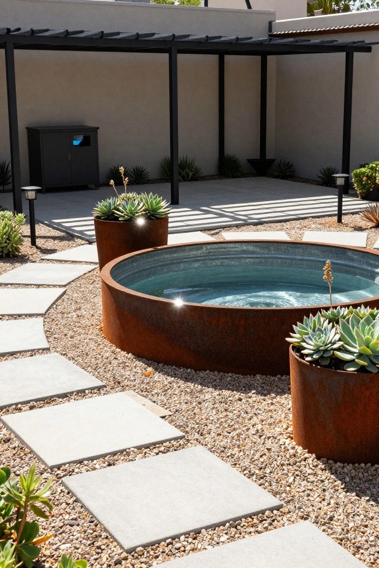 A round rusted metal stock tank pool with turquoise water centered in a gravel patio, surrounded by curving white pavers, succulents in matching rust-colored pots, and a black metal pergola.