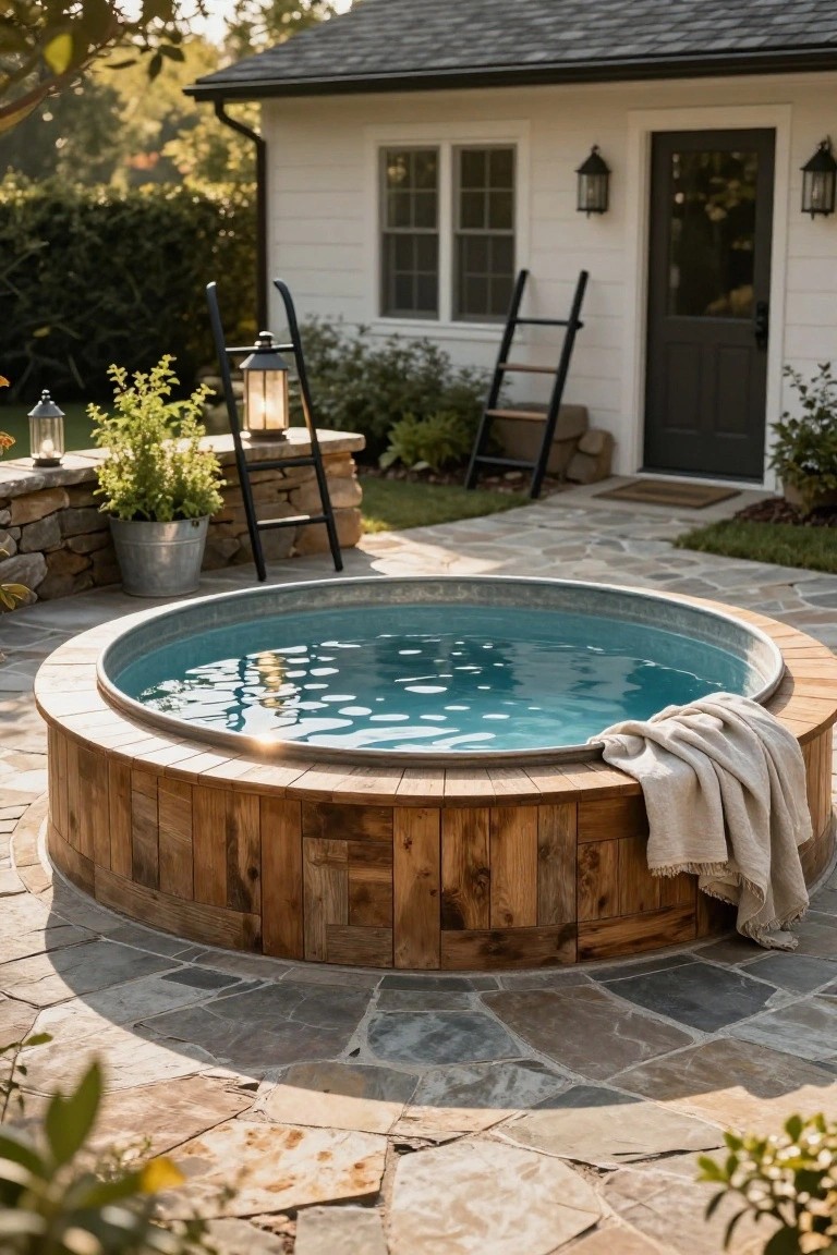 Circular galvanized stock tank pool filled with blue water, surrounded by wooden planks on a stone patio next to a white house with black door, black ladders, potted plants, lanterns, and a towel draped over the edge.