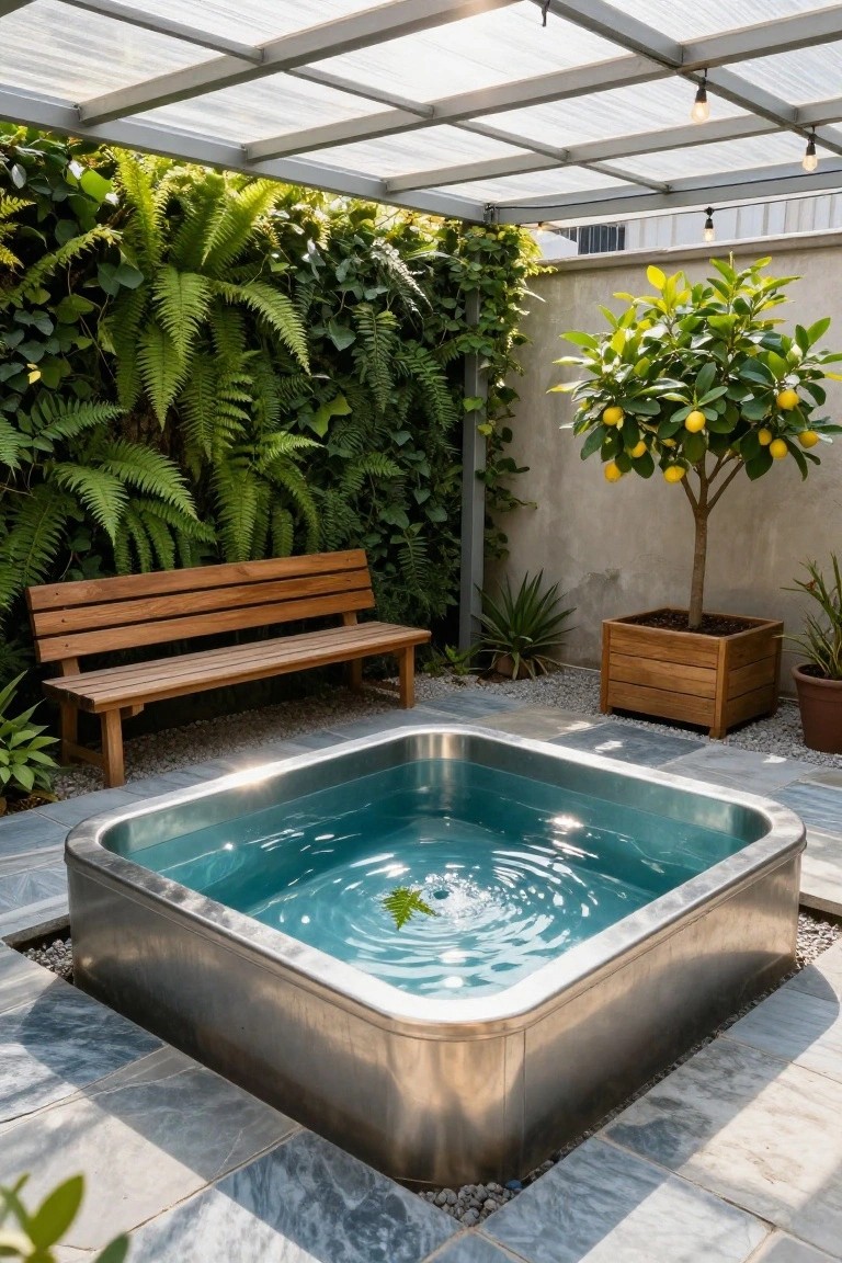 Square stainless steel stock tank pool with turquoise water in an outdoor paved patio, next to a wooden bench, surrounded by ferns on a wall, a potted lemon tree, and agave plants under a translucent slatted roof.