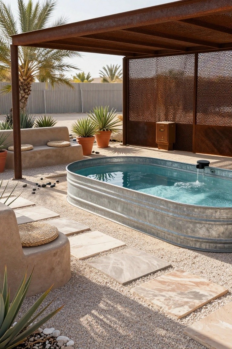 Oval galvanized stock tank pool with turquoise water and central bubbler jet in a gravel outdoor patio under rusted metal pergola with privacy screens, surrounded by desert plants, stone benches, and potted greenery.
