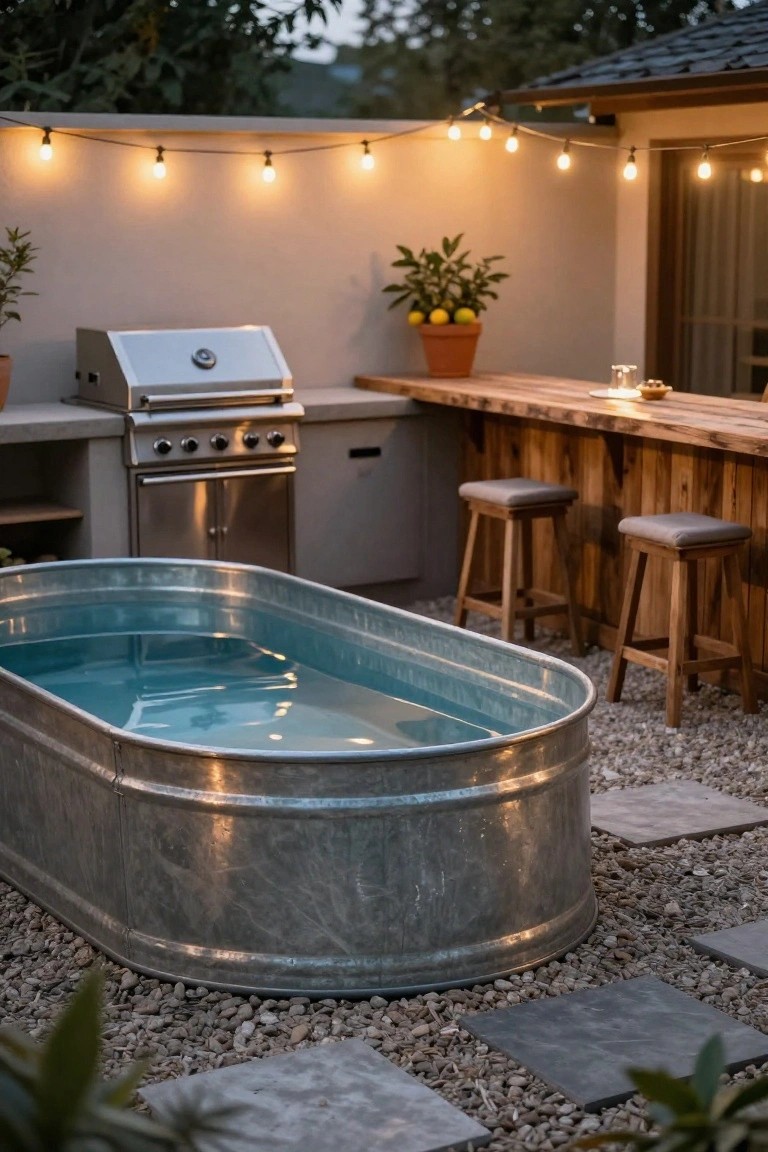 Rectangular galvanized stock tank pool filled with turquoise water next to a wooden bar counter with two cushioned stools, outdoor grill, and kitchen setup on a gravel patio with string lights and plants.