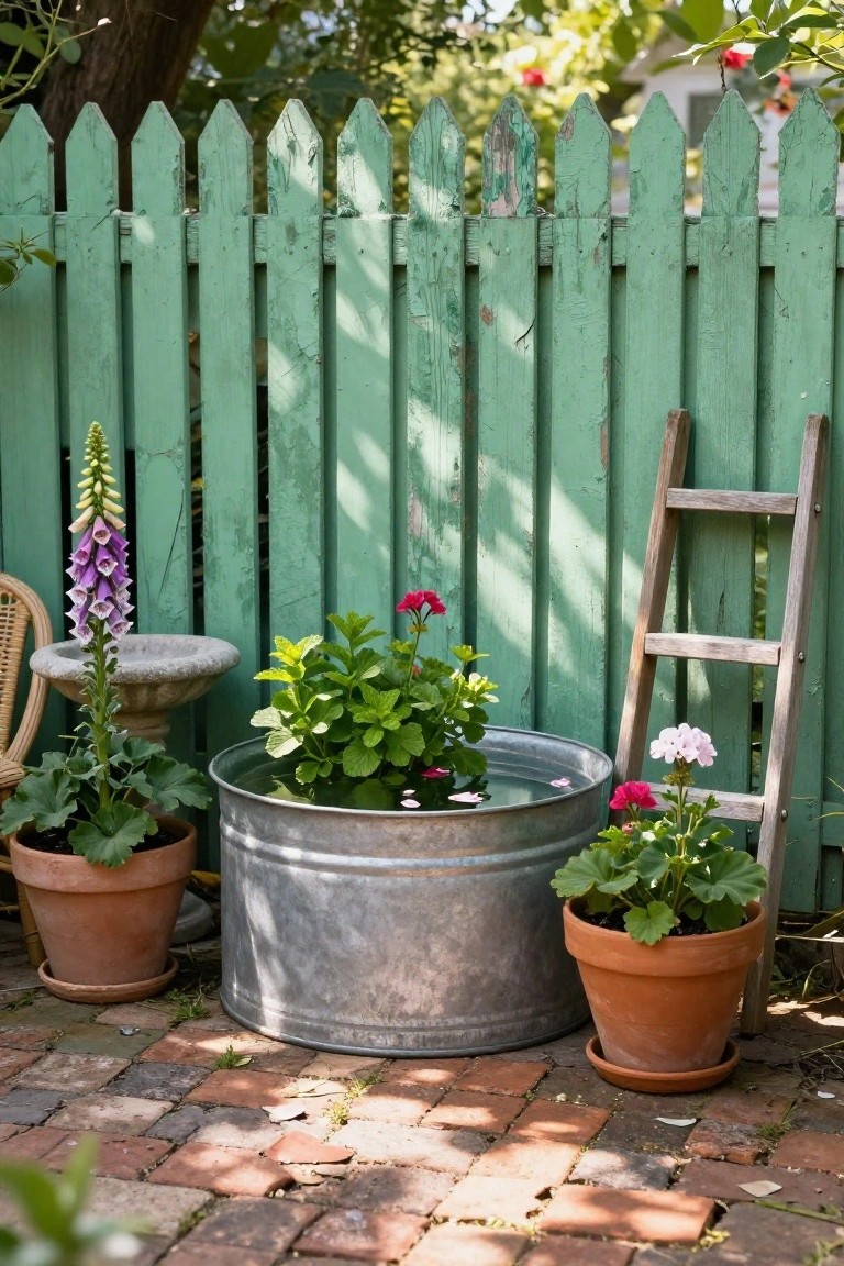 Galvanized stock tank filled with water and floating pink petals used as a pool on a brick patio, surrounded by potted plants including foxglove, geraniums, and mint against a green picket fence with a wooden ladder leaning nearby.