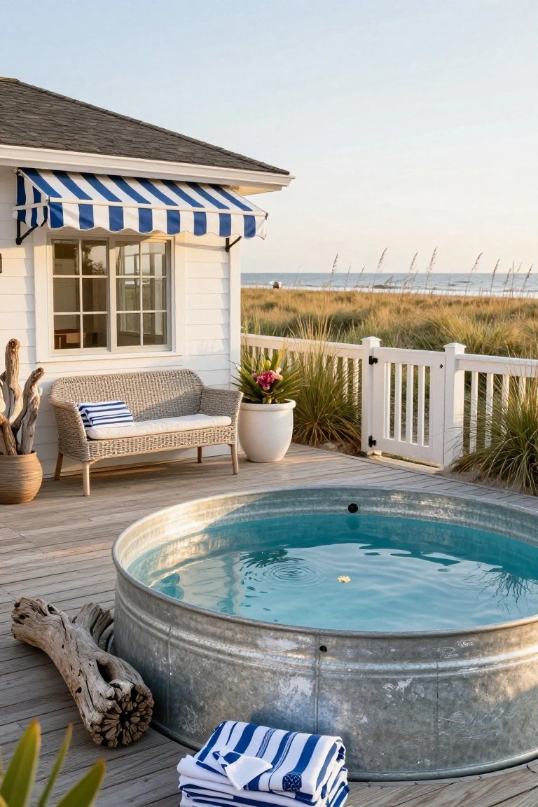 Galvanized stock tank pool on a wooden deck beside a white beach house, with wicker loveseat, potted plants, driftwood, striped towels, and white gate to dune grass and ocean.
