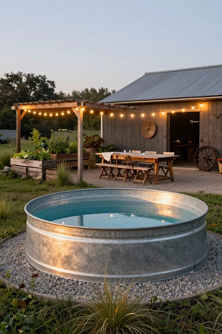 Galvanized stock tank pool filled with blue water and surrounded by gravel in a backyard with wooden pergola strung with lights, raised garden beds, wooden dining table and chairs, and a barn structure.