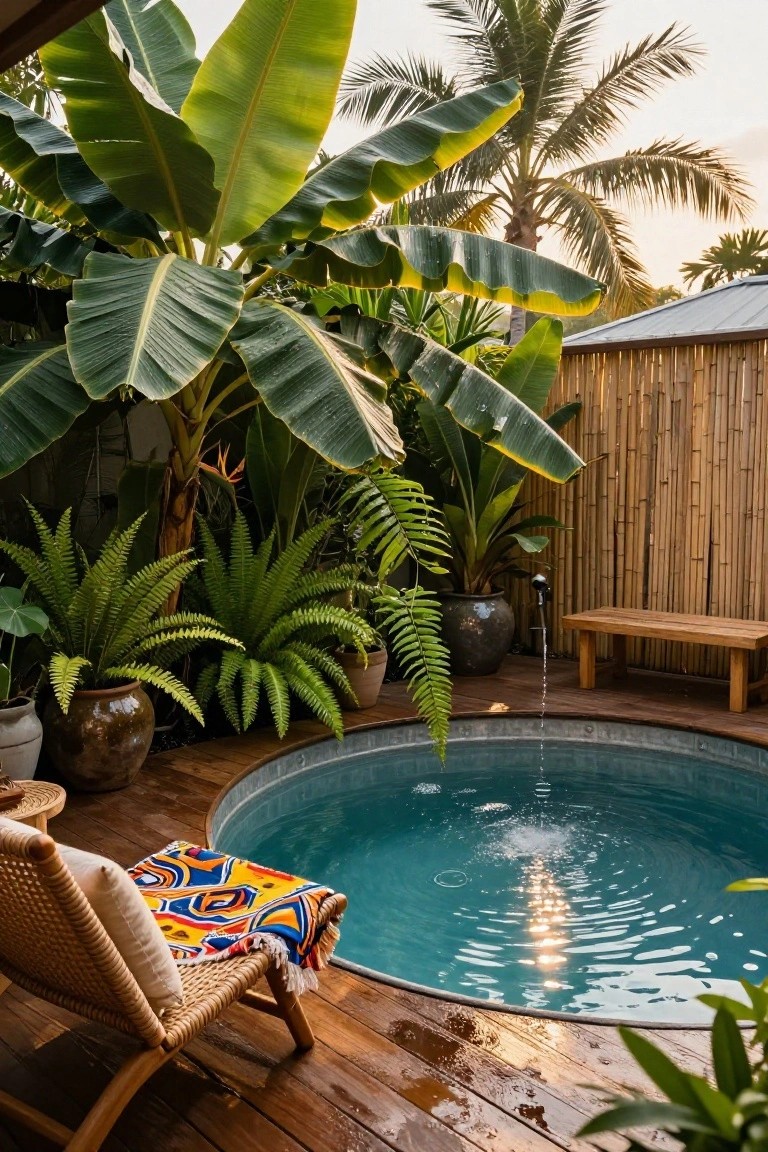 Small round galvanized stock tank pool with turquoise water and bubbles on a wooden deck, surrounded by dense tropical plants including banana trees, ferns, and palms, with bamboo fencing, a wooden bench, potted plants, and a rattan chair with colorful towel.