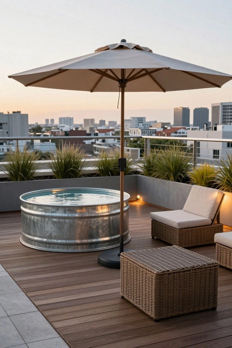 Galvanized metal stock tank pool on a wooden rooftop deck with potted grasses along the edges, beige outdoor umbrella, wicker chairs and ottoman, and city skyline view at dusk.