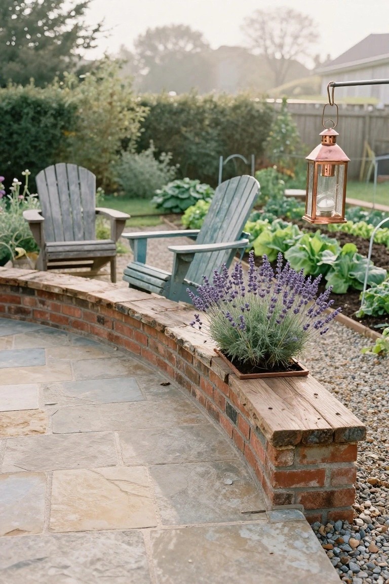 Curved brick wall with wooden bench top and square planter holding lavender, Adirondack chairs nearby, garden beds with vegetables, hanging copper lantern, gravel path, and stone patio in a backyard setting.