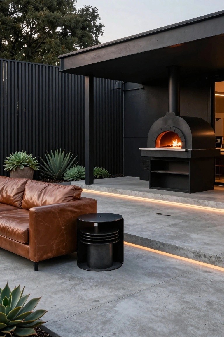 Matte black wood-fired pizza oven built into an outdoor structure on a concrete patio, with a brown leather sofa, black stool, agave plants, black slat fence, and LED strip lighting along deck edges.