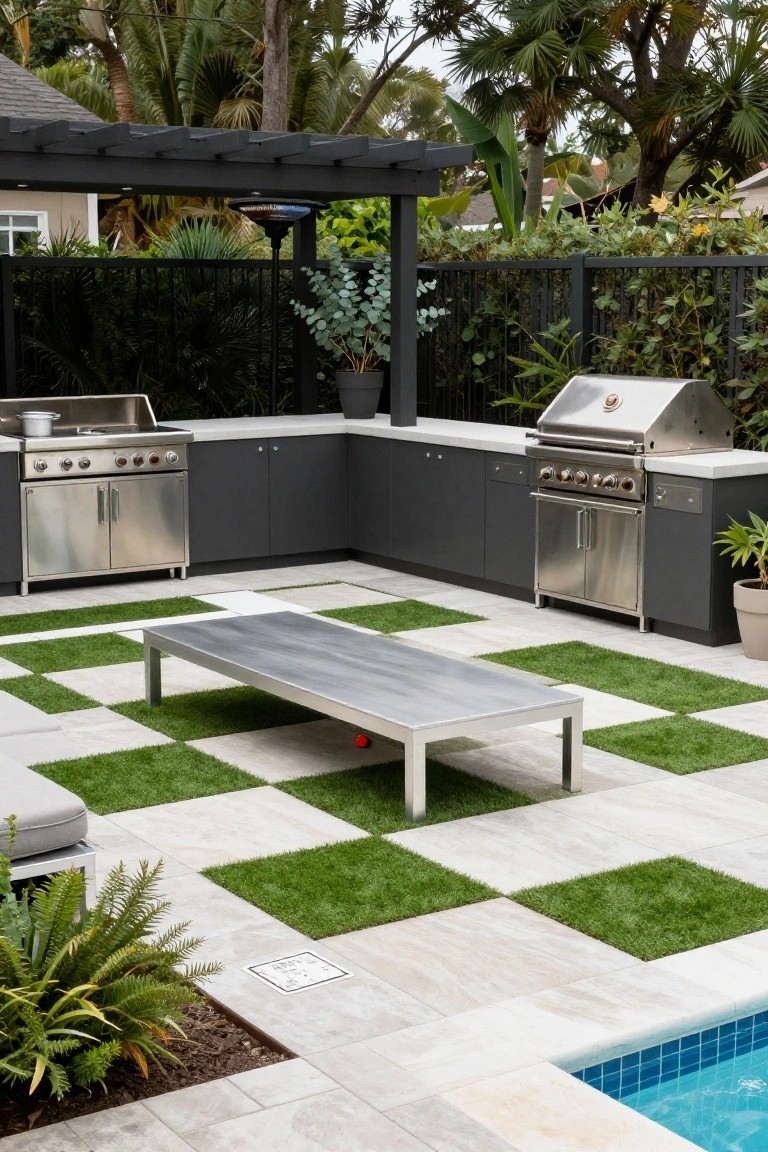 Outdoor pool deck with checkered pattern of artificial green turf squares and light stone tiles, stainless steel barbecues on black cabinets, rectangular metal table with red ball underneath, potted plants, and edge of blue swimming pool.