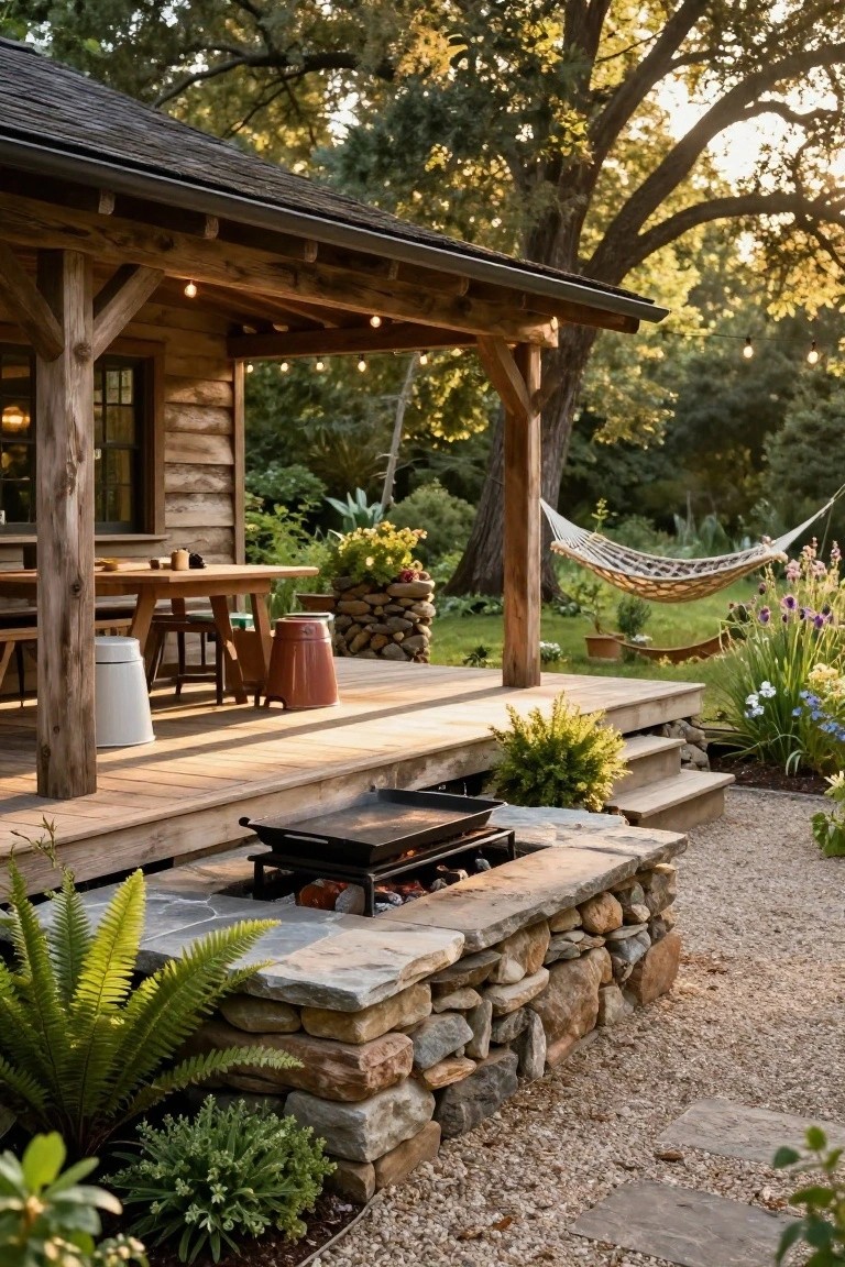 Wooden cabin with covered porch and deck featuring a dining table, chairs, hammock, and a built-in fire pit on a low stone wall surrounded by plants, gravel path, and trees.