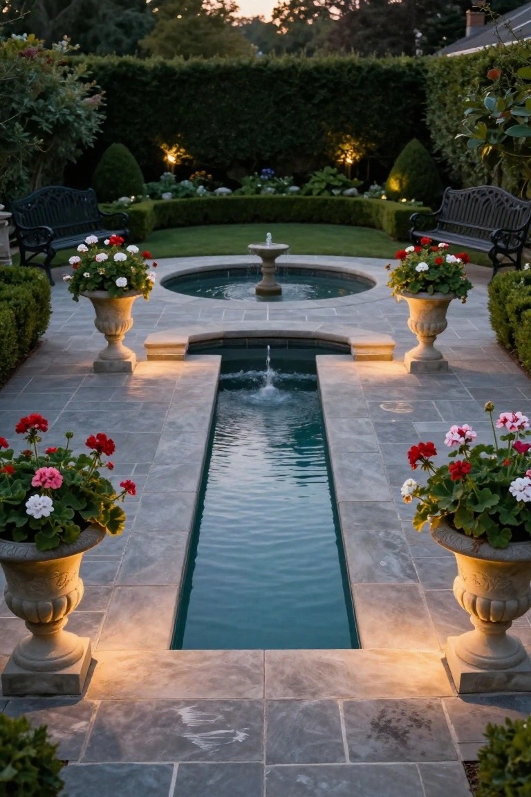 Long narrow pool integrated into gray stone paver deck pathway flanked by urns with geraniums leading to a circular fountain with benches and hedges in a backyard garden.