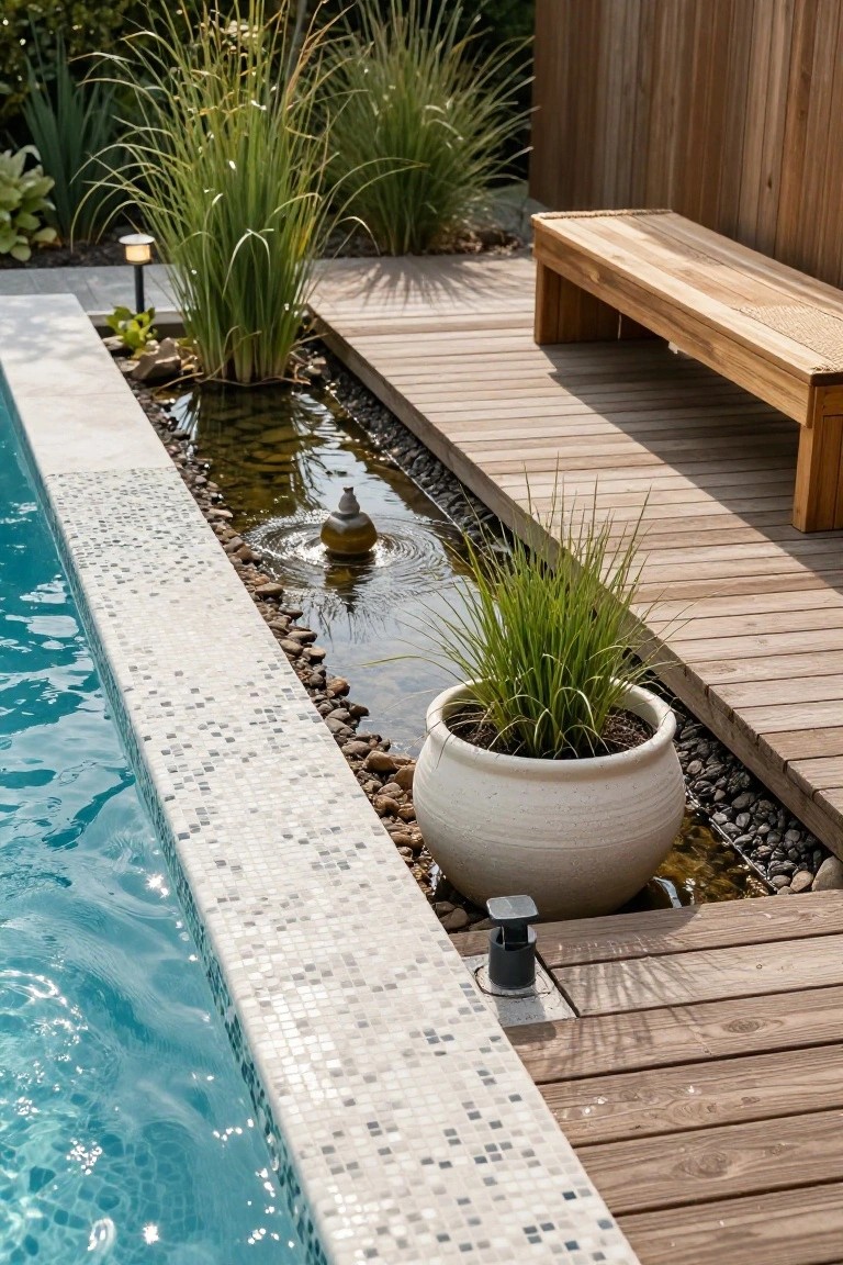 Close-up view of a swimming pool with white mosaic tiled edge next to a narrow linear water channel containing rocks, plants, and a small fountain, adjacent to a wooden deck with a bench and surrounding greenery.