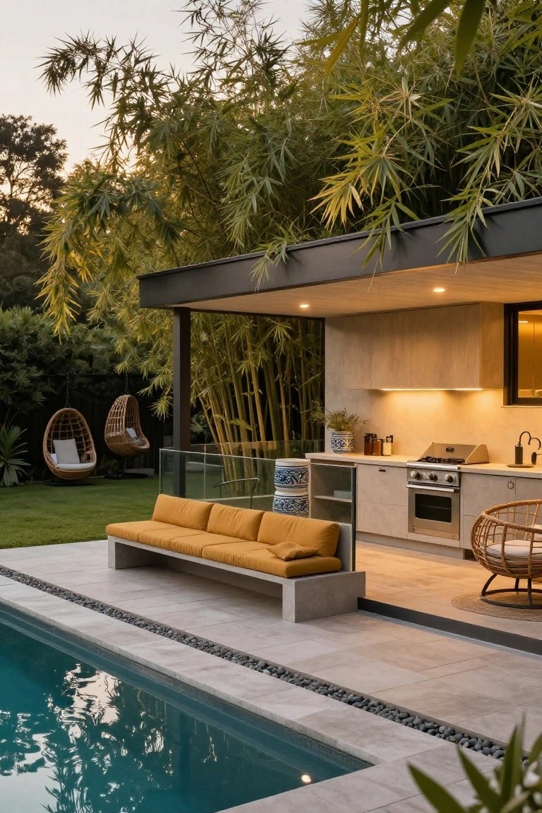 Outdoor kitchen pavilion with gas cooktop, sink, cabinets, and built-in yellow bench seating adjacent to a rectangular pool, surrounded by bamboo plants, glass railing, and hanging wicker chairs.