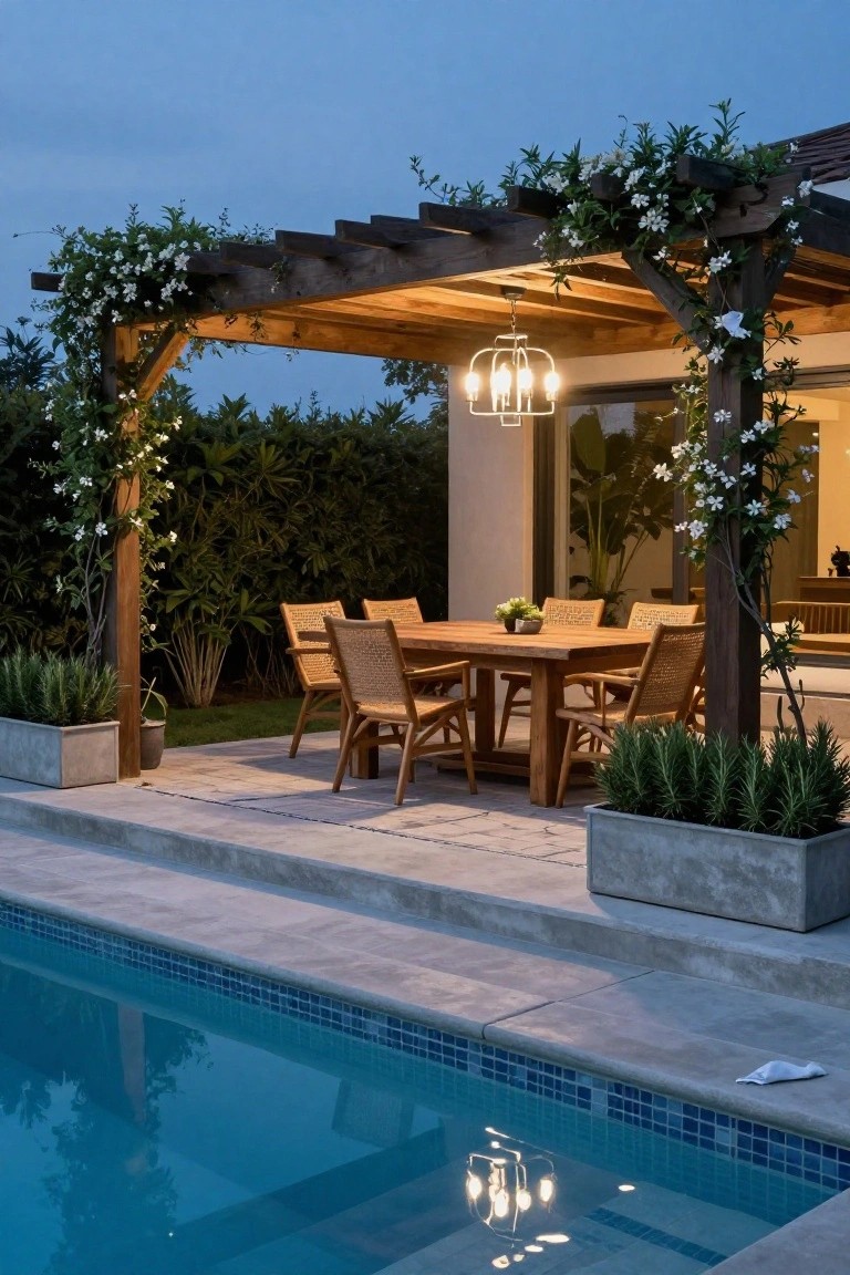 Wooden pergola with climbing white flowers and hanging multi-bulb lantern over a rectangular wooden dining table with four rattan chairs on a tiled pool deck next to a blue-tiled pool at dusk.
